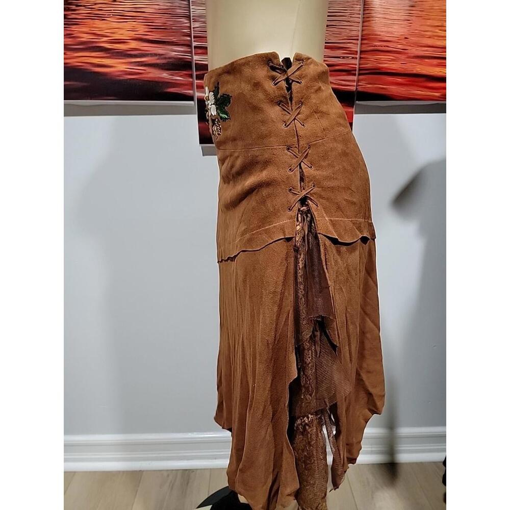 Alberto Makali (Size 6) Embroidered Suede Asymmetrical Boho Lace Layer Skirt #4 - Picture 8 of 12
